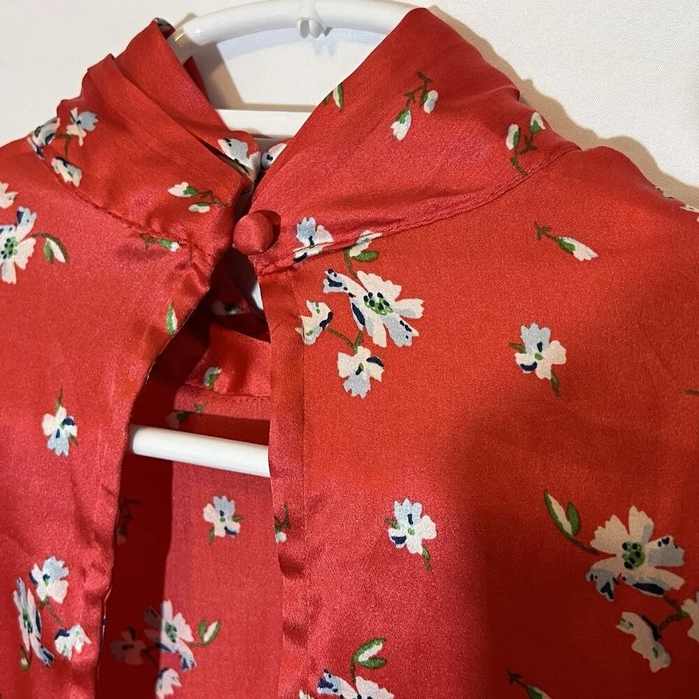 asos Women’s Top Size 2 Red Floral Blouse Long Sleeve Open Back Christmas - Picture 10 of 13